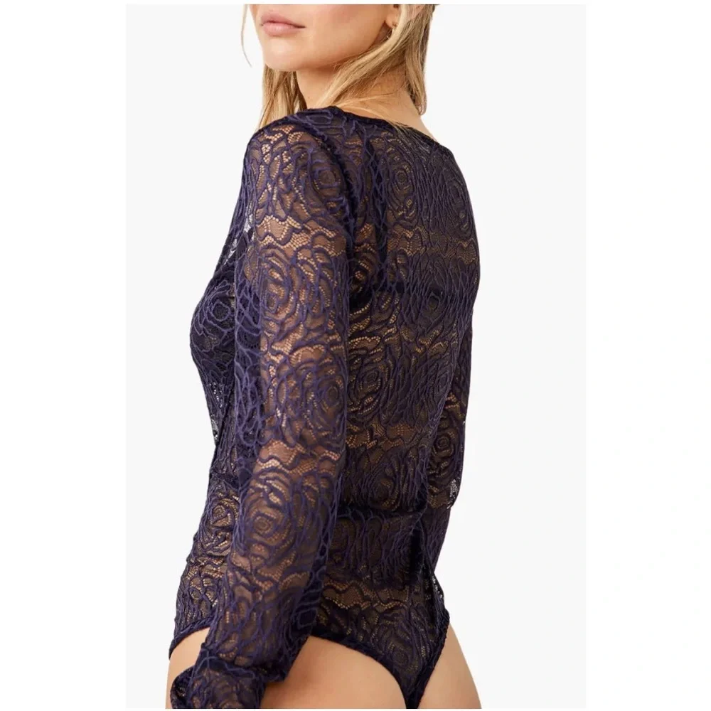 FREE PEOPLE In My Head Sheer Lace Bodysuit In Navy - XS - NWT